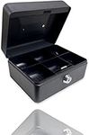 Bargain Factory Metal Money Box Tin 6" Steel Cash Safe Box Petty Cash Deposit Tin with Lock 2 Keys for Security - Black