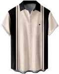 QIVICIMA Men's Retro Bowling Shirts 50s Vintage Button Down Shirts Color Block Active Shirts Flamingo Print Shirt, 1 Black Apricot Blo, Large