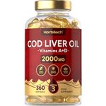 Cod Liver Oil Capsules High Strength | 2000mg | 360 Count | with Omega 3, Vitamin D and A | with 180mg of DHA and 130mg of EPA | by Horbaach