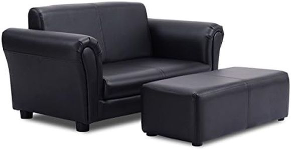 Costzon Kids Couch with Footstool, 2 in 1 Double Seat Children's Sofa w/PU Leather Surface, Armrest Chair Lounge, Soft Kids Sofa for Preschool Bedroom Kids Room Toddlers Boys Girls Birthday (Black)