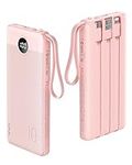 VRURC Portable Charger 10000mAh, Slim LED Display Power Bank, 5 Output 2 Input Cell Phone Battery Pack, Built-in Micro & USB C Cables Phone Charger Compatible with iPhone,Samsung,Android-Pink(1 Pack)