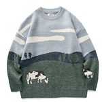 Flygo Men's Cow Sweater Harajuku Oversized Sweaters Casual Knit Pullover Sweatshirt Jumper, Grey, X-Large