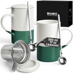 MIAMIO - Tea Cup Set 2 x 500 ml with Infuser and Lid/Ceramic Tea Mug with Infuser and Spoon for Steeping Loose Leaf Tea, Gifts for Tea Lovers - Microwave & Dishwasher Safe (Dark Green)