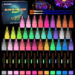 FansArriche Glow in the Dark Fabric Paint, 32 Colors Neon Acrylic Paint for DIY Crafts, Halloween, Christmas Decorations, Luminous Paint for Clothes, Wood, Canvas, Rock, 20 ml/Bottle