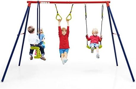 OLAKIDS 440lbs Swing Set, Outdoor 3 in 1 A-Frame Heavy Duty Metal Stand for Kids and Adults, Backyard Playground Activity Playset with Swing Seat, Glider, Trapeze Rings for Toddlers