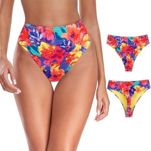 RELLECIGA Women's Colorful Floral High Waisted Bikini Bottom High Cut Thong Bikini Bottom Size Small