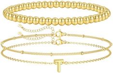 PRETOLE Gold Bracelets for Women,14K Gold Plated Beaded Bracelets Adjustable Stackable Layered Bracelets Waterproof Stretch Gold Chain Bracelet with Letter Pendant Gold Initial Bracelets for Girls