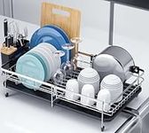 JINGFU Dish Drying Rack, Expandable(12.6"-21.3") Dish Rack with Utensil Holder Cup Holder, Stainless Steel Dish Drainer Rack and Drainboard Set for Kitchen Counter, Silver