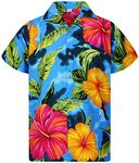 V.H.O. Funky Hawaiian Shirt Men Short-Sleeve Front-Pocket Big Flower Multiple Colors - Blue - XXXL