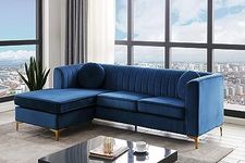 CARPANELLI Wooden Bazar Modern Tufted 3 Seater l Shape Fabric Valvet Chesterfield Sofa for Home & Living Room & Office (Blue)