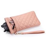 MoKo Double Eyeglasses Pouch with Carrying Strap, Soft PU Leather Large Squeeze Top Portable Sunglass Case with Cleaning Cloth for Women Men, Pink