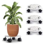 Sharpex Pack of 4 Metal Caddy Iron Dolly on Round Rack Rustproof Sturdy Potted Indoor Outdoor Plant Stand/Trolley With Locking Wheels for Balcony, Living Room, Home and Garden (White)