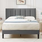 VECELO Double Bed Frames with Upholstered Headboard, Platform Mattress Foundation with Strong Wooden Slats Support, No Boxing Spring Needed, Easy Assembly, Dark Grey