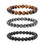 Vinswet Triple Protection Bracelet,Genuine Tigers Eye Black Obsidian and Hematite Beads Bracelet for Men Women,Handmade Crystal Healing Bracelets Bring Luck and Prosperity and Happiness, 8mm, Stone