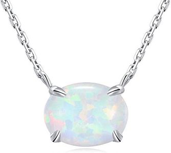 Sterling Silver Opal Necklace, 925 Sterling Silver & 14K White Gold Plating, October Birthstone Necklace, Small Oval Opal Jewelry For Women, Gemstone Necklace, Simple Necklace (White Gold)