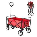 Trintion Folding Camping Wagon Collapsible Garden Cart Heavy Duty Beach Trolley with Side Pocket Garden Picnic Shopping Wagons (Red)