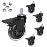 Hirate Brake Caster Wheel with 3/8"-16UNC Threaded Stem, 3" Heavy Duty Lockable Bearing Caster Wheels with Flange Lock Nuts for Office Chairs Home Furniture, Set of 5