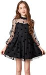 Floerns Girls Polka Dots Sheer Mesh Long Sleeve Pleated A Line Short Dress Black Heart 8Y