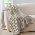 BEDELITE Fluffy Fleece Throw Blanket, Striped Decorative Soft Warm Gift for Sofa Bed Couch, Throw Size, Linen Beige