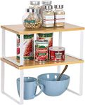 HAITRAL Kitchen Shelf Organizer for Cupboard, Expandable and Stackable Countertop Cabinet Shelf Organizer Set of 2, Wooden and Metal Frame, Kitchen Storage Shelves for Kitchen, Pantry, Bathroom