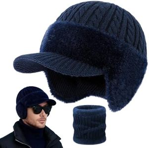 Winter Beanie Visor and Earflaps for Men Women, 2026 New Fleece Hat Scarf Set,Trapper for Skiing Hunting Fishing (Navy Blue(with Scarf))
