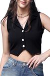 POPWINGS Casual Solid V-Neck Sleeveless Button Closure Waistcoat Crop Top for Women || Stylish Western Woman Crop Top for Summer || Sleeveless V-Neck Crop Tops for Women