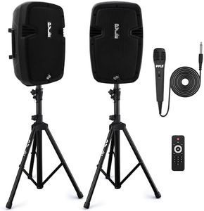 Pyle Powered PA Speaker System Active & Passive Bluetooth Loudspeakers Kit with 8 Inch Speakers, Wired Microphone, MP3/USB/SD/AUX Readers, Speaker Stands,Remote Control - Pyle PPHP849KT Black