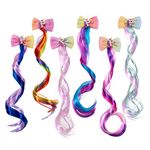 6 Set Hair Extensions Clip - Colored Straight Curly Hair Extensions Clips, Cute Unicorn Accessories Hair Extensions for Kids Ponytails Girls, Rainbow Thick Wig Clip in Fake Bangs (Curly Hair 02)