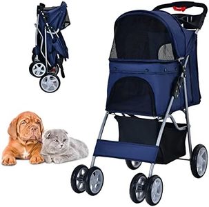 Costway Folding Pet Stroller, 4-Wheel Cat Dog Cage Stroller with Mesh Windows & Cup Holder & Storage Basket, One-Hand Folding, Portable Pet Travel Carrier Carriage for Small & Medium Pets (Navy, Normal)