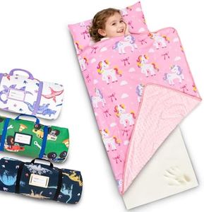 Primlect Toddler Thickened Foam Nap Mat with Pillow, Extra Large 55"x35", Soft, Supportive Sleeping Bag with Detachable, Washable Cover, for Sleepover, Home, Travel, Boys and Girls, Pink Horse