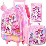 3Pcs Rolling Backpack for Girls, Kids Unicorn Roller Bookbag with Wheels, Sequin Wheeled Backpacks with Lunch Box(Pink)