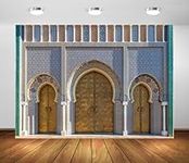 BELECO 8x6ft Fabric Antique Moroccan Palace Door Backdrop Middle Eastern Architecture, Royal Palace Gate in The Old Capital FES Background Morocco Party Decor Arabic Islam Photo Studio Props