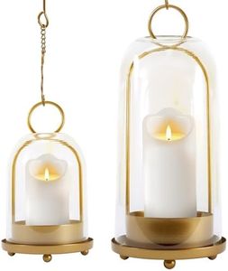 MUTUALUS Hurricane Glass Candle Holders, Large & Medium Brass Lanterns Hurricane Candlestick Holder for Pillar Candles Vintage, Gold Metal Rustic Farmhouse Decor with Hook Chains