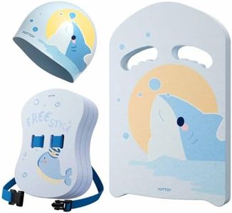 YOTTOY Kids Swim Belt Set, 3-Layer Adjustable Floating Swim Trainer for Children, Back Float for Swimming Beginners, Includes Kickboard & Swim Cap, Blue, Large