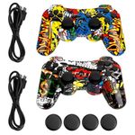 PS3 Controller-Six Axis Retropie Controller Support Wireless Bluetooth Dual Shock for Playstation 3 With Charging Cable and Joystick Cap (2 Pack)