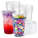 Fit Meal Prep 50 Pack 24 oz Plastic Iced Coffee Cups with Lids and Reusable Sleeves, Disposable Clear Coffee Cups with Javasok, Koozies Prevent Condensation for Cold Drinks Smoothie Juice Soda, Floral