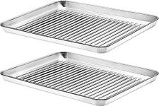 Baking Tray Set of 2, Stainless Steel Non Stick Oven Trays, Large Rectangle Baking Sheets for Baking Cooking, Storage, Mirror Finished & Dishwasher Safe (16×12 ×1inch)