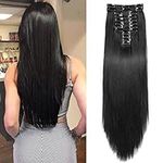 22" Long Straight Clip in Hair Extensions, 180 Gram 12PCS Hair Extensions Synthetic Fiber Full Head Natural Black Clip on Double Weft Hairpieces for Women