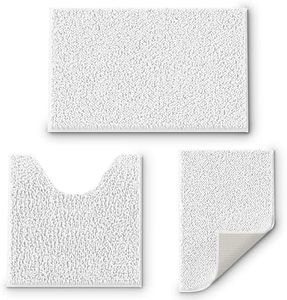 RUN HELIX Bathroom Rug Set 3 Pieces Ultra Soft, Non Slip Chenille Bathroom Mats Set, Absorbent Plush Shaggy Shower Shag Bath Rugs, Fluffy Thick Bath Mat for Bathroom Floor & Bathtub,White