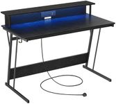 VASAGLE Gaming Desk with LED Lights and Built-In Power Outlets, Computer Desk with Monitor Shelf, Gaming Table for 2 Monitors, Office Desk, for Bedroom, 60 x 120 x 76 cm, Ebony Black LWD292B56