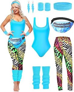 7 Pcs 80s Workout Costume 80s Accessories Set 80s 90s Leotard Legging Headband Wristbands Leg Warmers Earrings Fanny Pack (Cute Zebra, Medium)