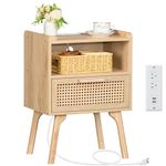 Lerliuo Rattan Nightstand with Charging Station, Boho Side Table with Drawer Open Shelf, Cane Accent Bedside End Table with Solid Wood Legs for Bedroom, Dorm and Small Spaces