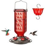 Kingsyard Glass Hummingbird Feeder for Outdoor Hanging, 24 Ounces, 6 Feeding Ports, Bird Nectar Feeder for Garden Décor, Ant Moat Included, Red