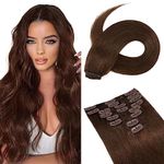 Hairro Brown Clip in hair Extensions Human Hair 8 inch 45g 8pcs Full Head Clips on 100% Real Remy Human Hair Extension for Women Short Straight Clip in Hair Medium Brown