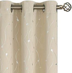 BGment Short Room Darkening Curtains 45 inch Length for Small Windows, Grommet Thermal Insulated Drapes for Bedroom with Wave Line and Dots Printed, 2 Panels, Each 38 x 45 Inch, Beige