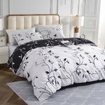 Lekesky Duvet Cover Set - Double Bedding Set Reversible, Plants Design Microfiber Duvet Covers Set for Double Bed with Pillow Covers (1 Duvet Cover 200x200cm+2 Pillow Case 50x75cm) White/Black