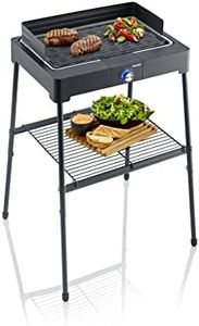 SEVERIN PG 8568 Barbecue elettrico 2200W in alluminio pressofuso con stand con mensola, Grill elettrico con piastra scanalata, Griglia da tavolo per interni ed esterni, Nero