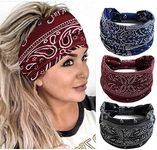 Cagora Boho Bandeau Headbands Wide Knot Hair Scarf Floral Printed Hair Band Elastic Turban Thick Head Wrap Stretch Fabric Cotton Head Bands Thick Fashion Hair Accessories for Women and Girls 3 Pcs (Elegant)