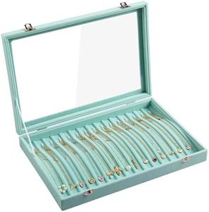 Frebeauty 15 Hooks Necklace Tray Velvet Neck Organiser with Clear Lid Lockable Necklace Holder Box Jewellery Organiser for Pendant Chains Necklace Jeweley Tray for Women Girls (Turquoise)