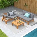 SUNSITT 4 Piece Acacia Wood Patio Furniture Outdoor Sectional Sofa Set with Adjustable Armrest, FSC Certified L-Shaped Patio Set w/2-in-1 Coffee Table, Grey Cushions for Garden